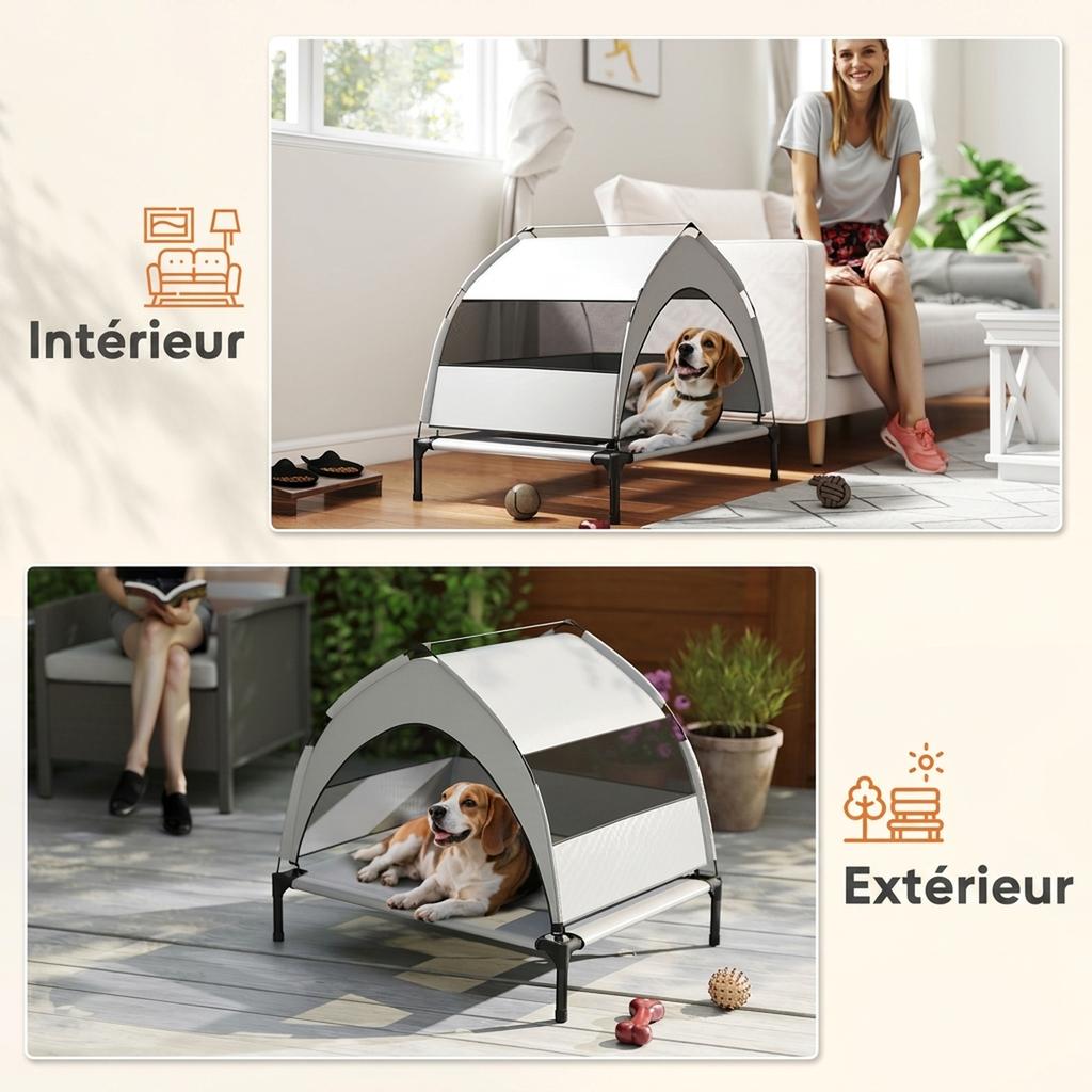 Elevated Dog Bed Tent with Canopy, 3-Sided Textilene, Bag, 76 x 61 x 70 cm, Light Grey