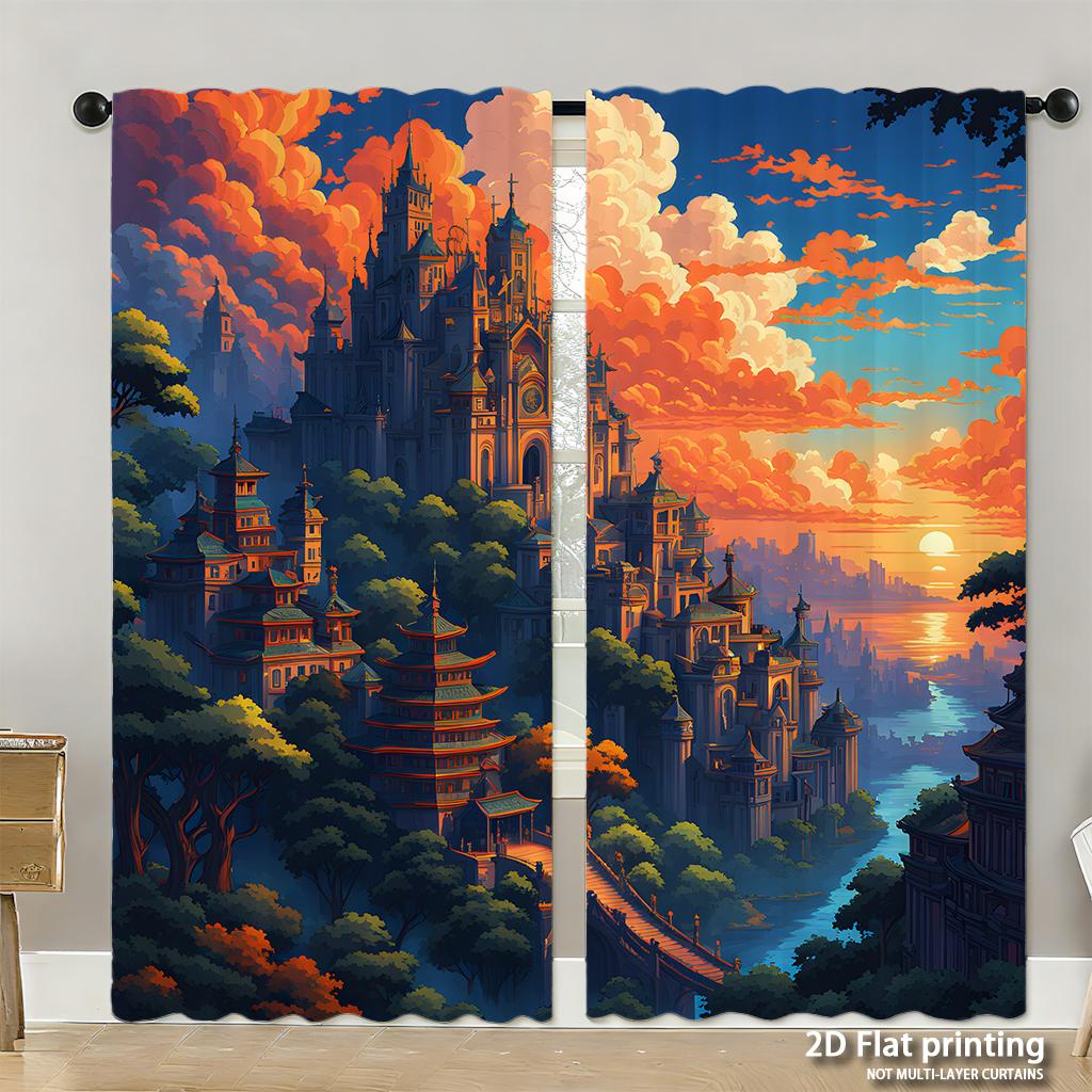 Piece Set High Definition Digital Printed Curtainspink Candy Castle Fantasy Colorful Cartoon Stylehome Decoration Style Curtains Made Of Polyester