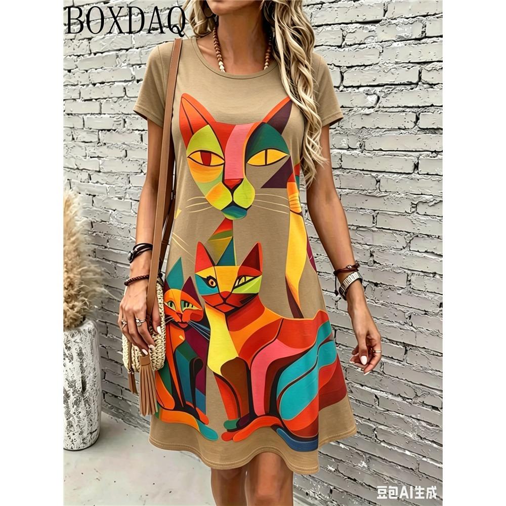 Fashionable and Casual Round Neck Short Sleeved Cat Print Loose Fitting Pullover Women's Summer Dress