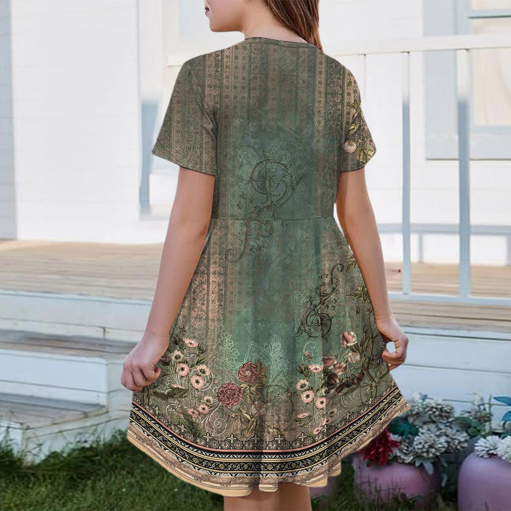 Girl Summer Dress Color & Print Short Sleeve Dress With Pocket Casual Dress Shorts Sleeve Party Dress Easter Day