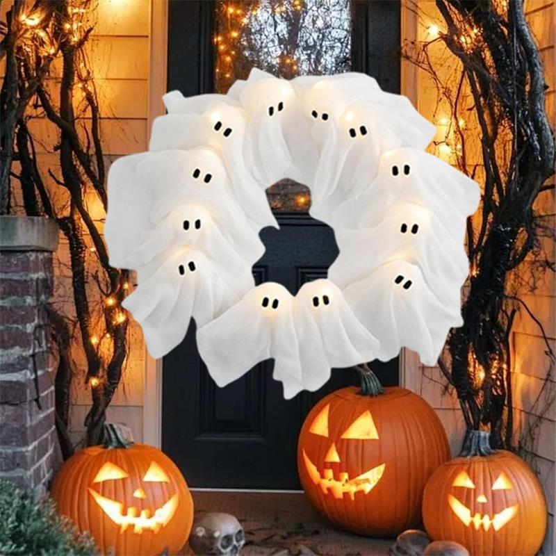 Halloween Lit Ghosts Wreath LED Light-Up White Ghost Garland,Spooky Deco 15.75in