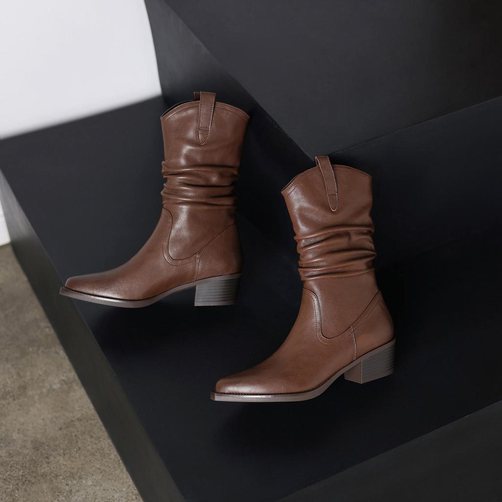 Krazing Pot Genuine Leather Autumn Winter Shoes Med Heels Size 41 Western Boots Pointed Toe Slip on Ankle Boots