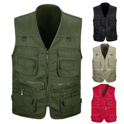 Men Waistcoat Solid Color Multi Pockets Zipper Sleeveless Spring Vest for Fishing