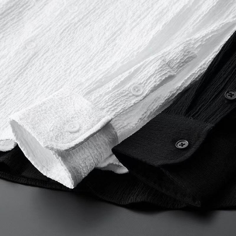 Casual Lightweight Suit For Men Spring/Summer New Bubble Gauze Striped Pleated Stand-Up Collar Men'S Shirt