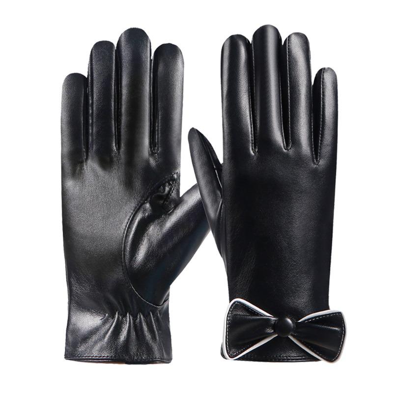 Winter thermal gloves women's bow velvet thickened washed leather touch screen anti-cold waterproof leather gloves