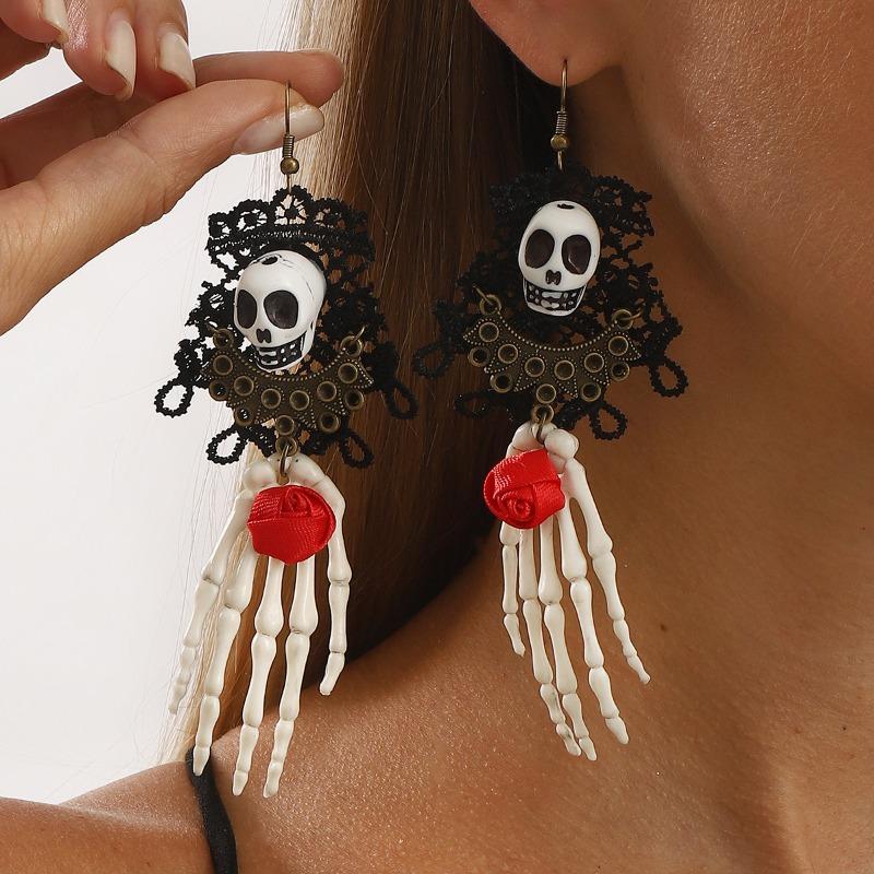 Halloween Fashion Trend Lace Skull Hand Earrings, Fun Holiday Party Earrings
