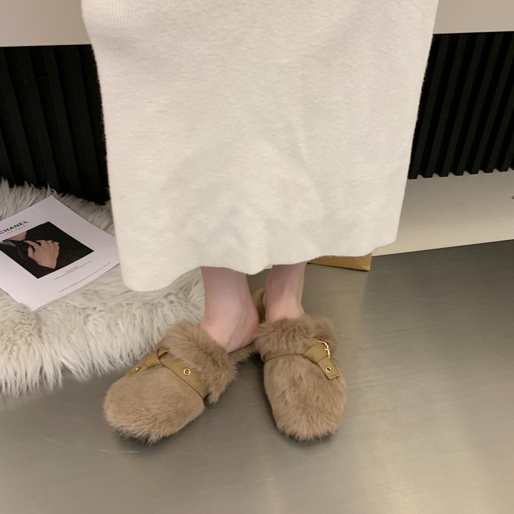 Flat bottom Internet celebrity plush small fragrant bag head fluffy half slippers women's autumn and winter wear 2025 new maternity cotton slippers