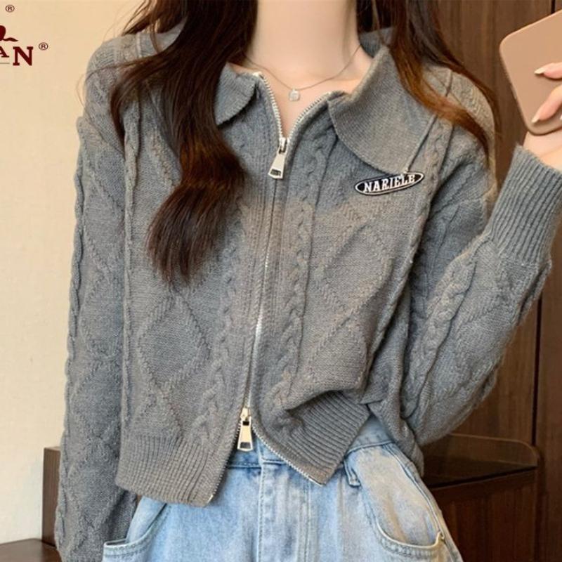 

Короткий вязаный кардиган с двойной молнией в американском стиле ретро, ​​осенне-зимний корейский свободный свитер, куртка XL серый