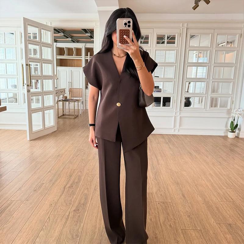 Casual 2 Piece Pants Sets Women Solid One Button Blazer Zippers High Waist Pleat Wide Trousers 2025 Spring Summer Lady Outfits
