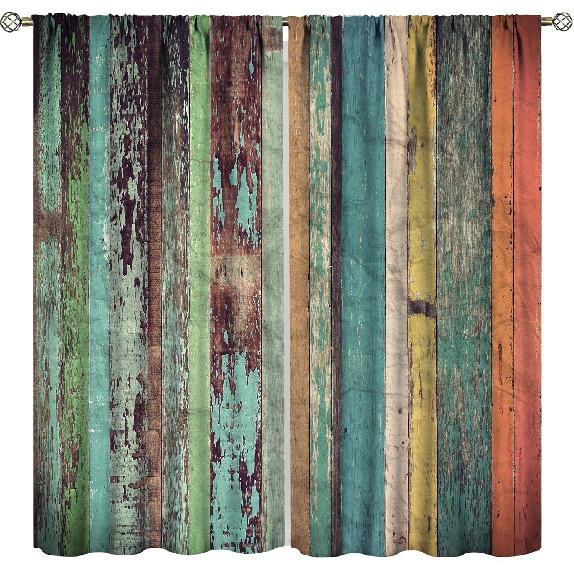 Retro Colorful Curtains, Vertical Wood Planks In Colorful Design Carpentry Oak Timber Rustic Country Life,Window Drapes 2 Panel Set Beautiful Room