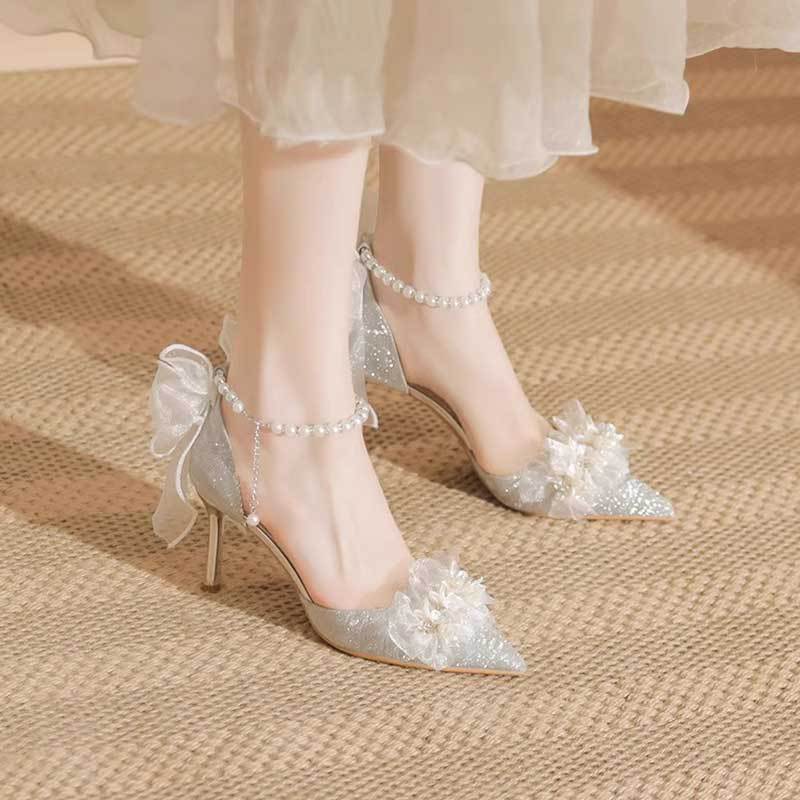 Wedding shoes women's shoes wedding dress two wear silver not tired feet 18-year-old adult ceremony high heels