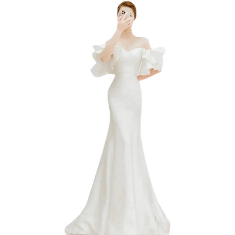 One-word Shoulder Light Wedding Dress 1011 New French Satin Fishtail Slim-fitting Simple Temperament Going Out Yarn Women's Tube Top Dress