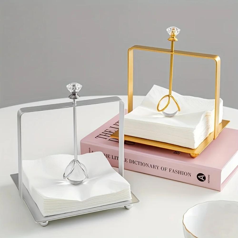 1PC Gold Square Napkin Holder with Crystal Accent Freestanding Tissue Box Organizer for Bathroom Home Decor Toilet Accessories