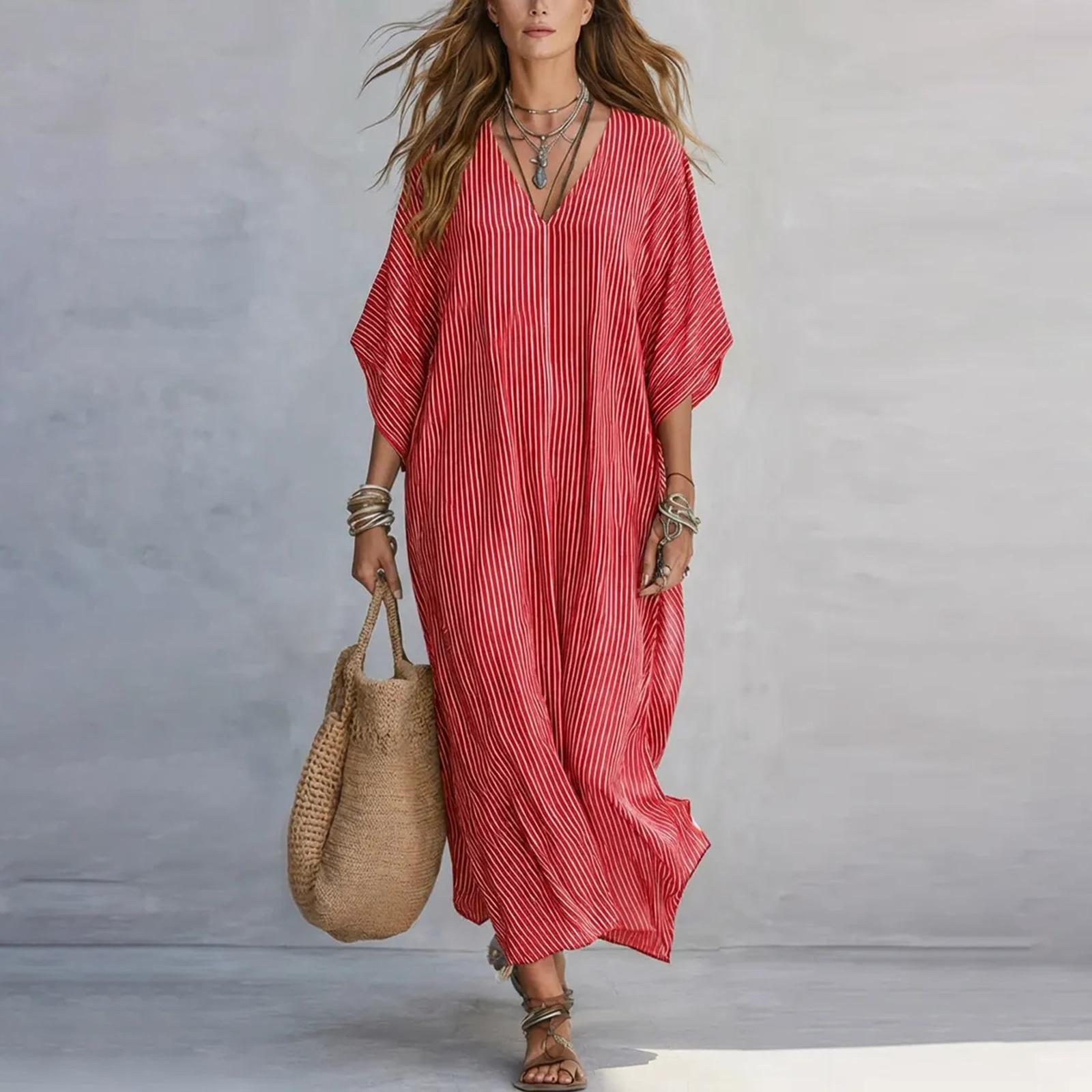 

Loose Fit Plus Size Vacation Maxi Shirt Dress V Neck Striped Summer Dress Casual Relaxed Style Lightweight Fabric M