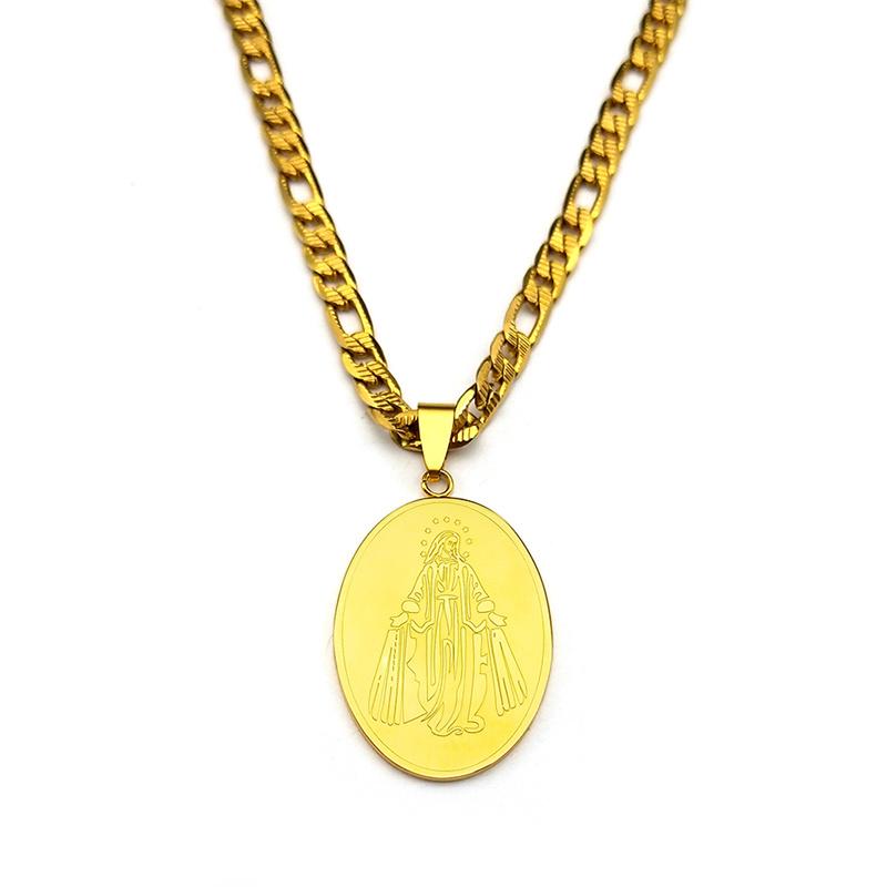 Stainless Steel Virgin Mary Oval Medal Statement Necklace for Women Men Gold Color Geometry Punk Chain Necklaces Jewelry2206