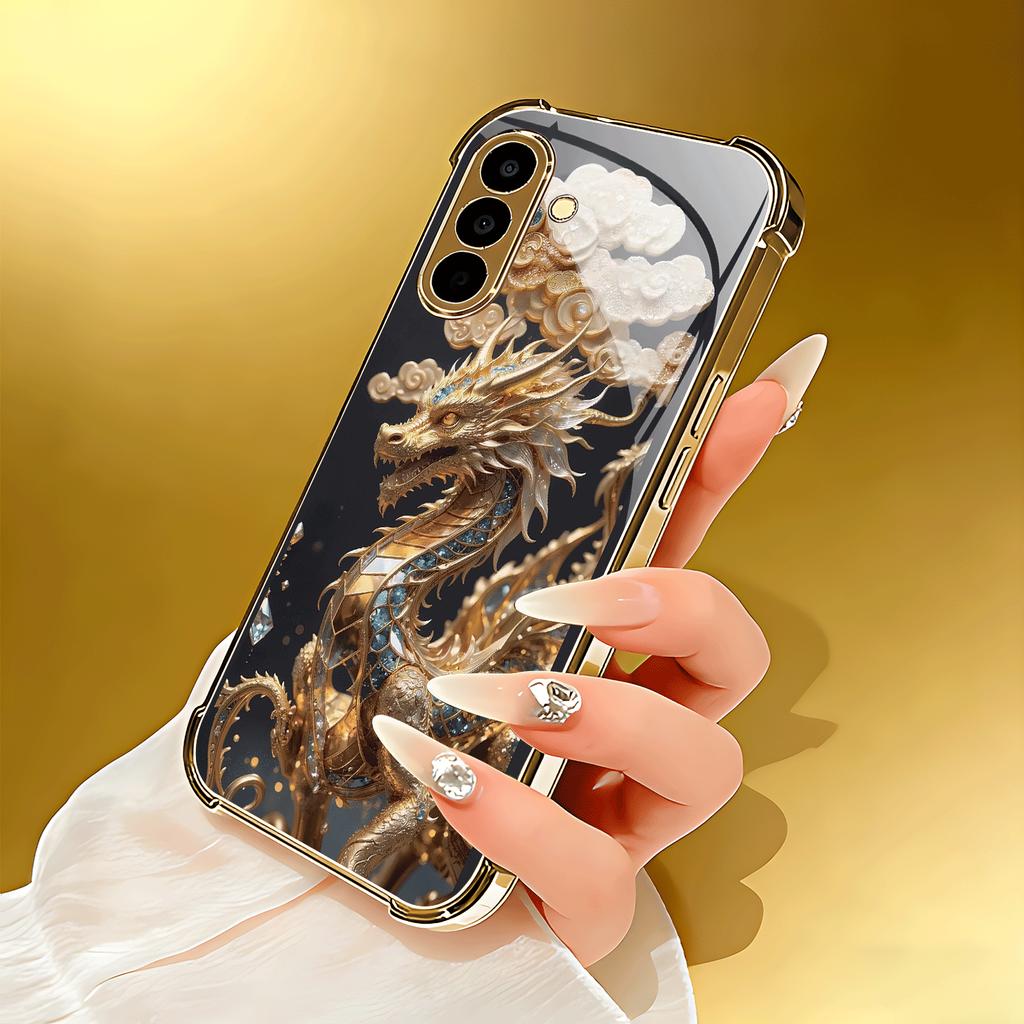 Golden Dragon Circling In The Clouds Gold-Plated Four-Corner Glass Phone Case for Ultra S22 Ultra S20 Ultra 56 A72 A73 5G