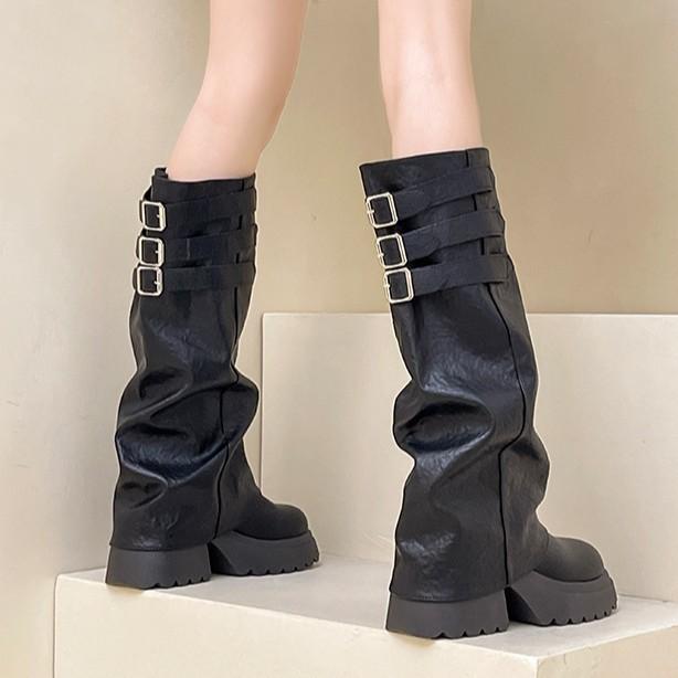 Fashion versatile boots retro leather boots solid color temperament thin trouser tube boots autumn and winter thick heel thick sole women's knight bo