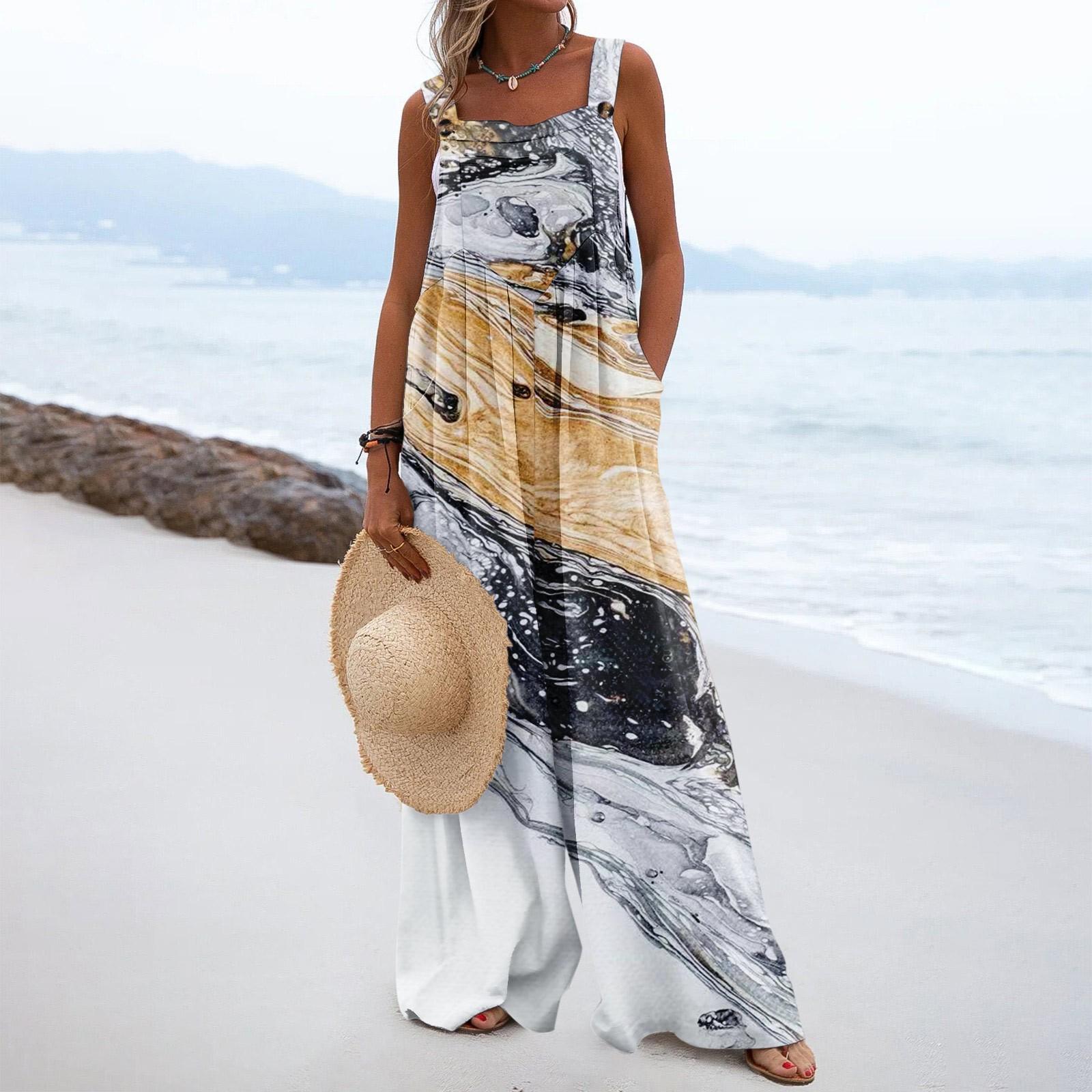 

Женские комбинезоны, повседневные комбинезоны с широкими штанинами и принтом, комбинезоны без рукавов с карманами, наряды M серый