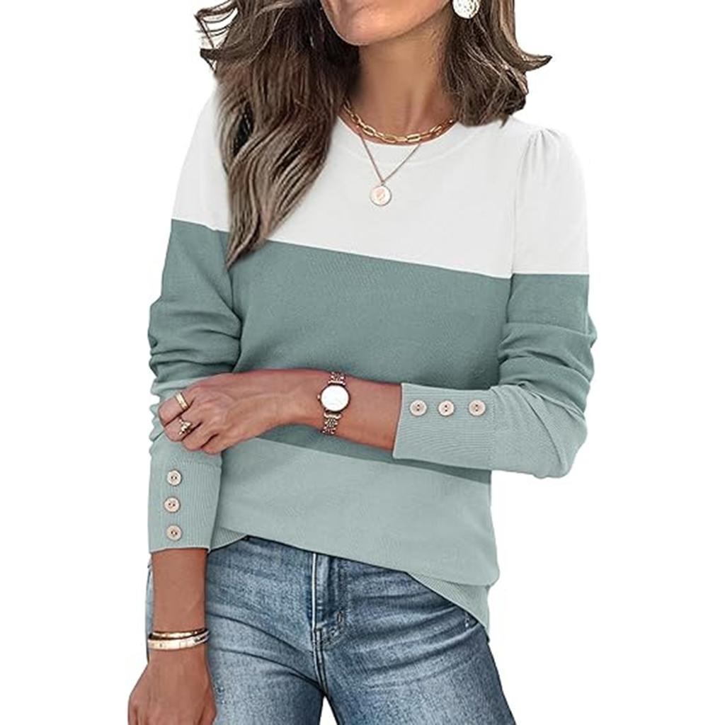 Women's Color Blocked Button Round Neck Long Sleeved Loose Fitting Pullover Top