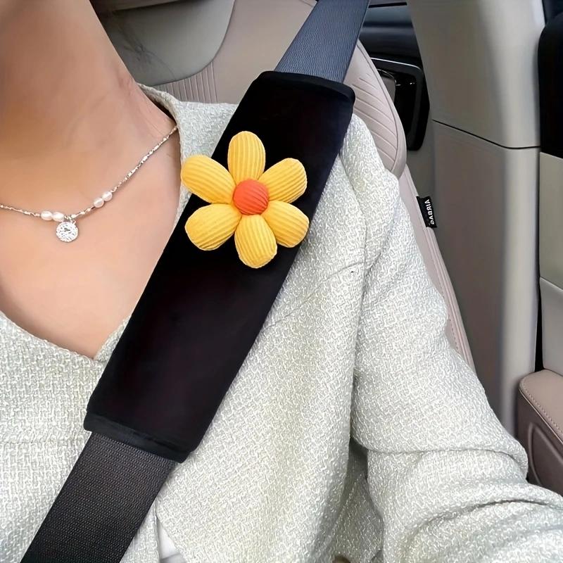 2 Cute Flower Car Seat Belt Shoulder Pads - Women's Comfortable Polyester Seat Belt Cover