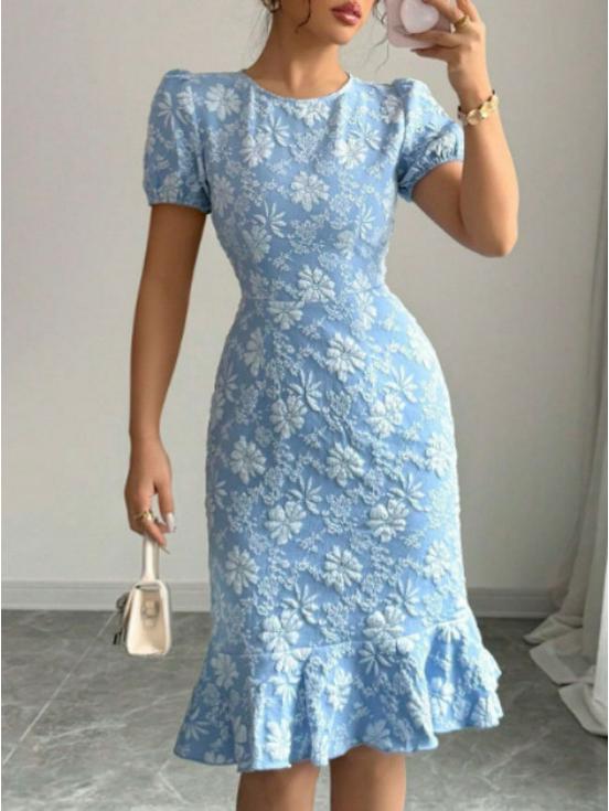 2026 Summer Slim Fit Daisy Embroidery Mermaid Knee-Length Dress S небесно-голубой