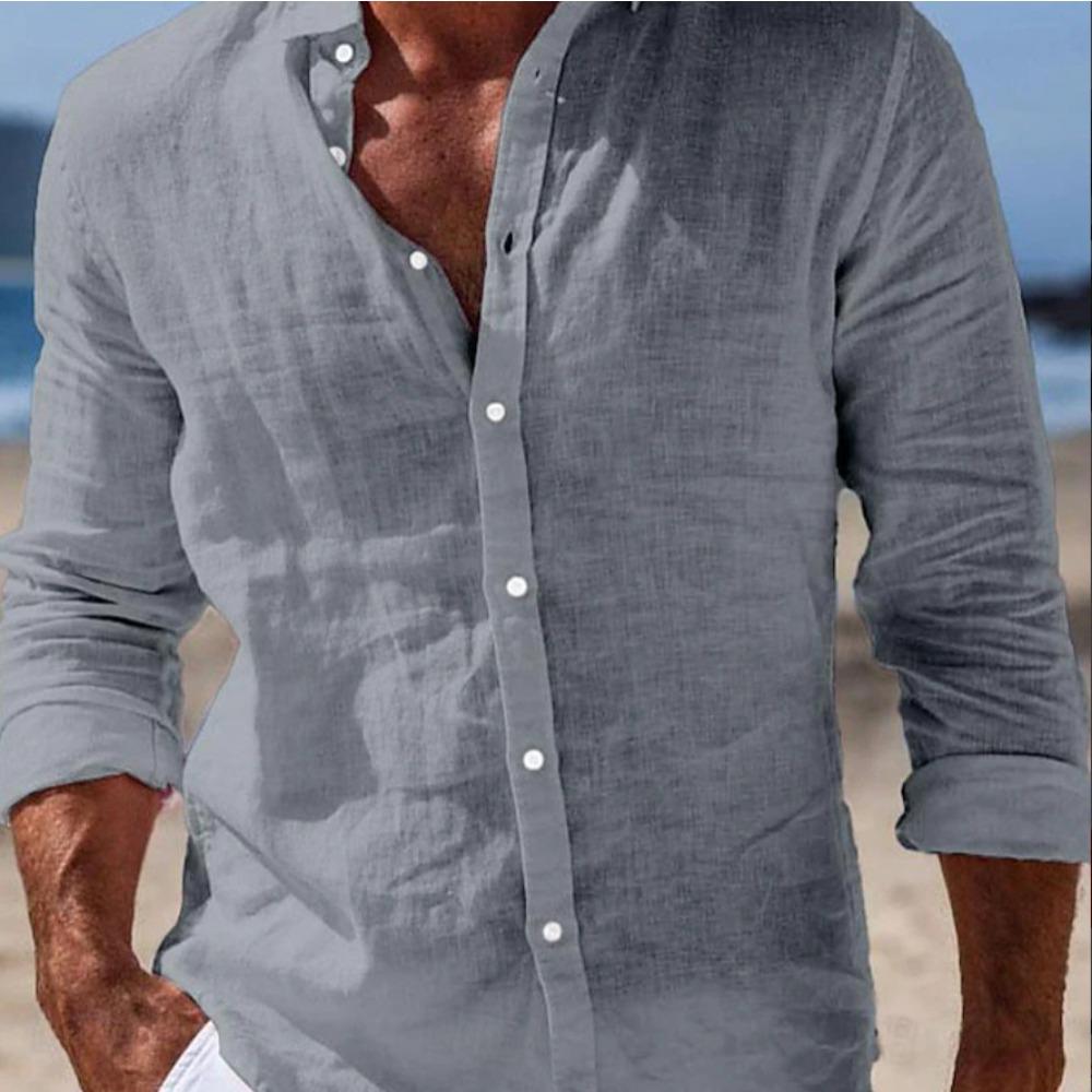 Herrenhemden Frühling/Sommerhemden Strandbekleidung Button-Down-Hemden Einfarbig Urlaubs-Casual Langarm mit Kragen