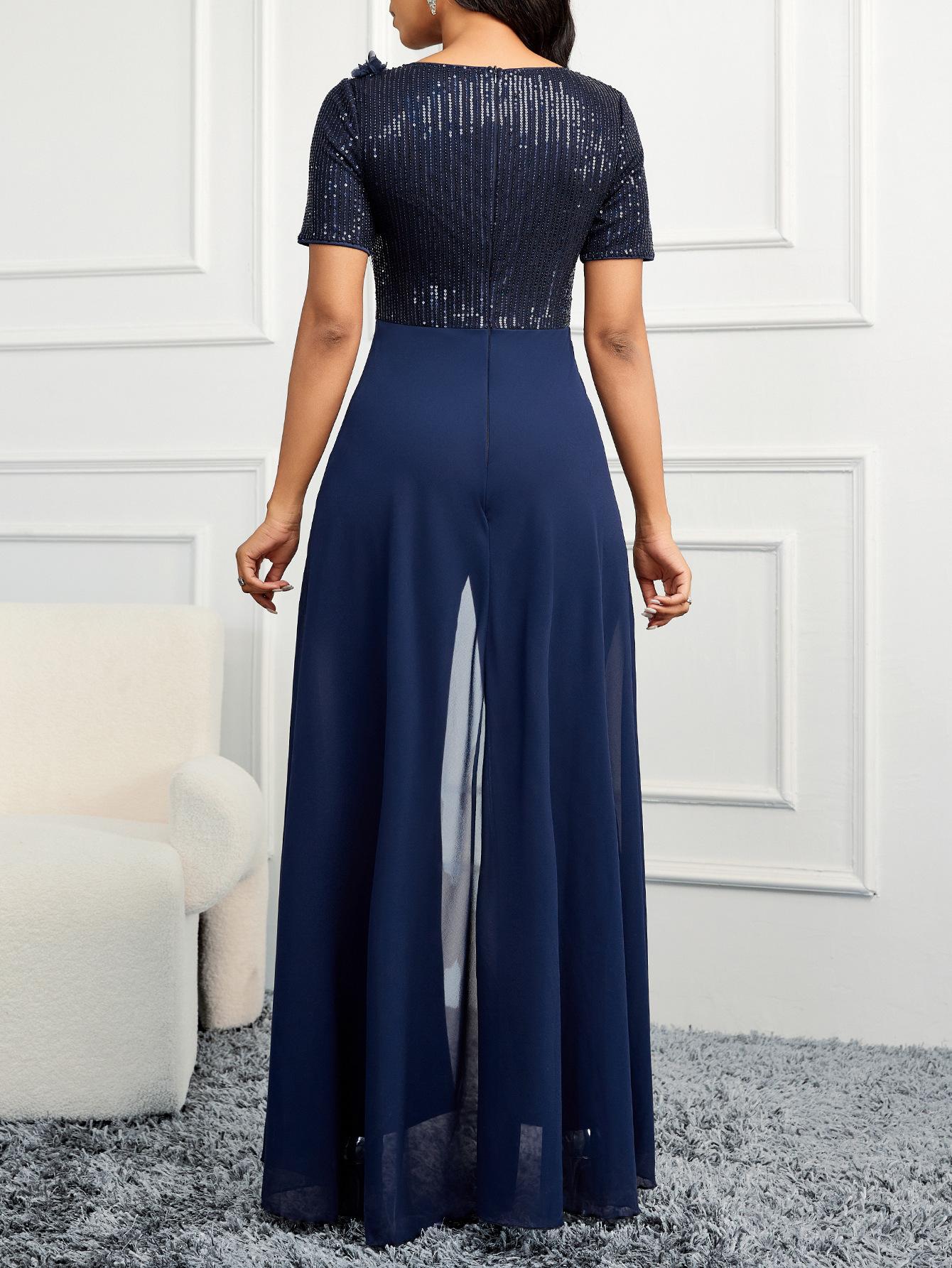Summer foreign trade women s clothing, Amazon short-sleeved V-neck sequined chiffon slim-fitting sexy banquet jumpsuit S