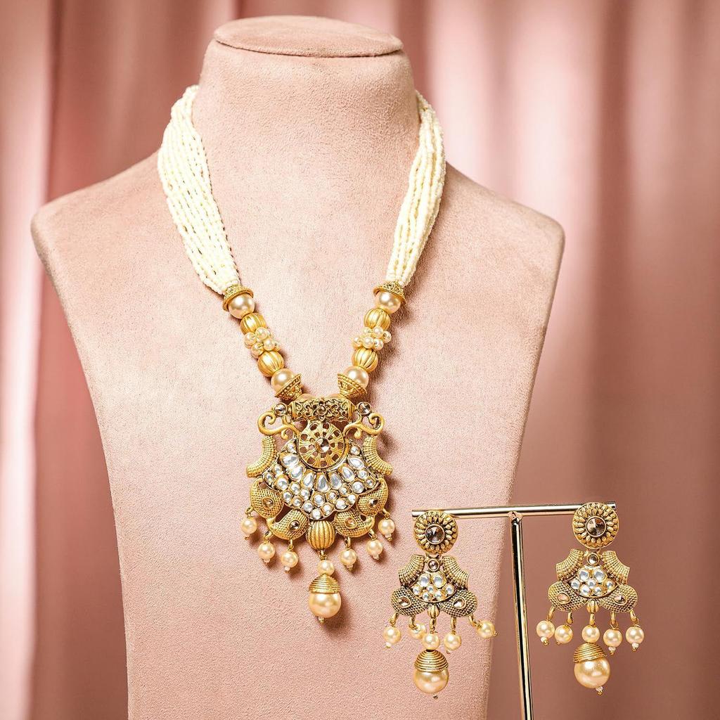 Pearl & White Stone Studded Necklace Jewellery Set For Women