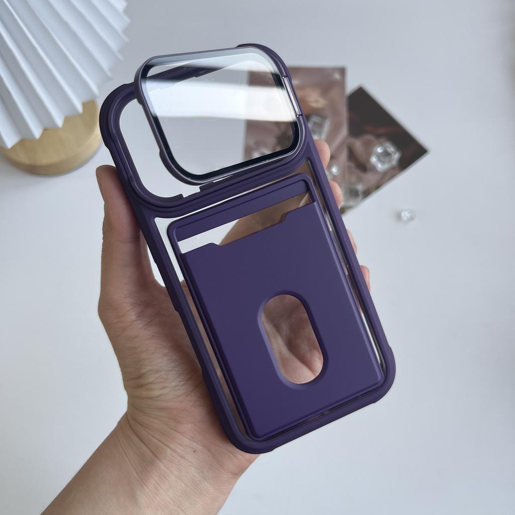 Luxury Card Holder Slot Wallet Photo Pocket Phone Case For iPhone 17 Air 16 15 14 Plus 13 12 11 Pro Max Glass Lens Bracket Cover