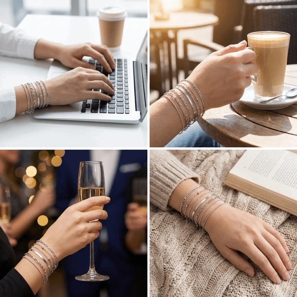 10Pcs/set Vintage Style Snake Chain Bracelet Flat Chain Multi-layer Bracelet  Casual Wear