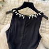 Summer Vintage Black Beading Collar Solid Sleeveless Long Midi Tank Party Dresses