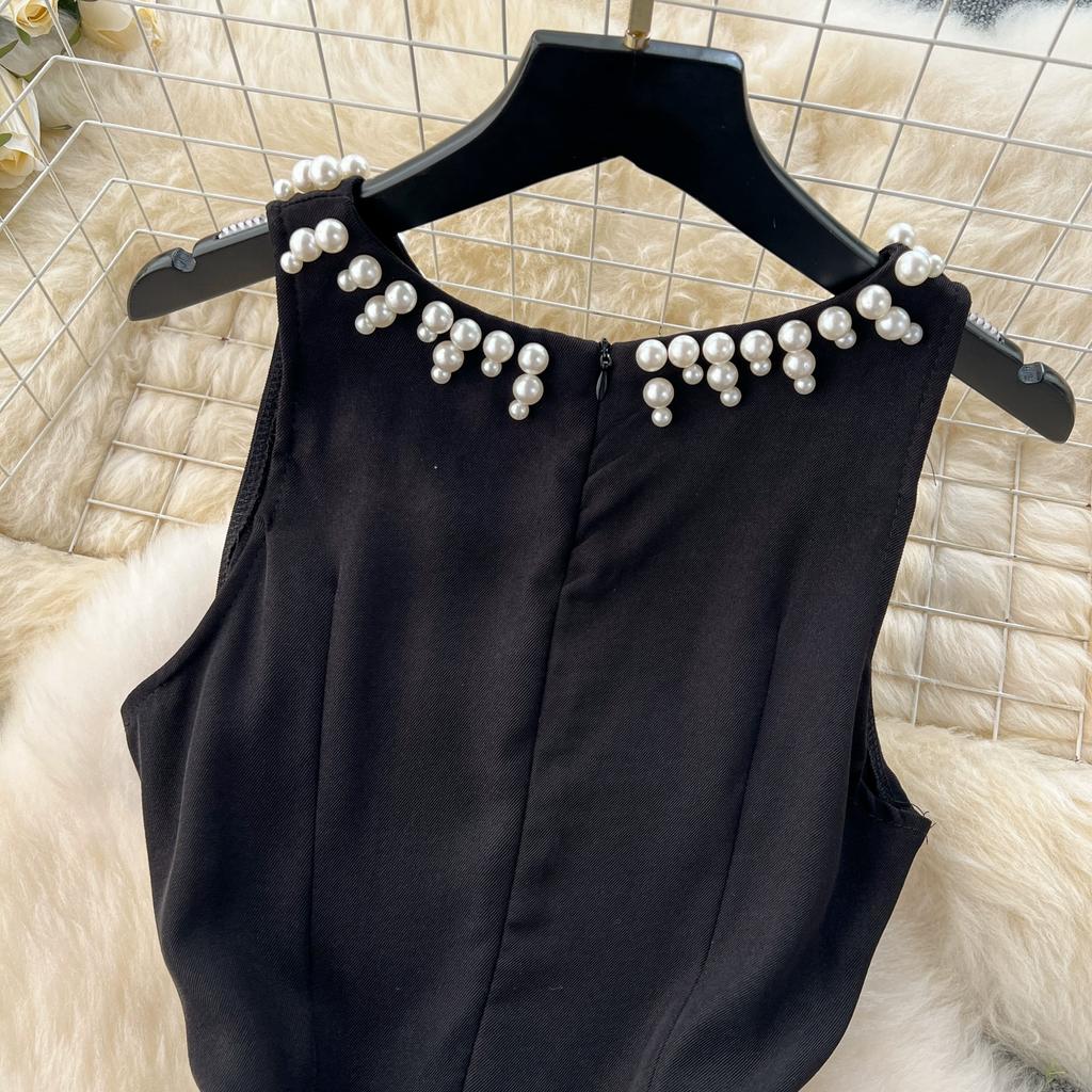 Summer Vintage Black Beading Collar Solid Sleeveless Long Midi Tank Party Dresses