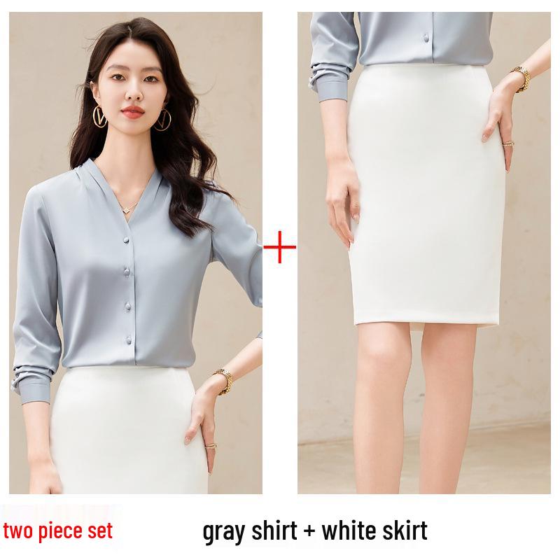 Women's White V-Neck Chiffon Shirt: Formal Spring/Autumn Wear for Interviews and Office.