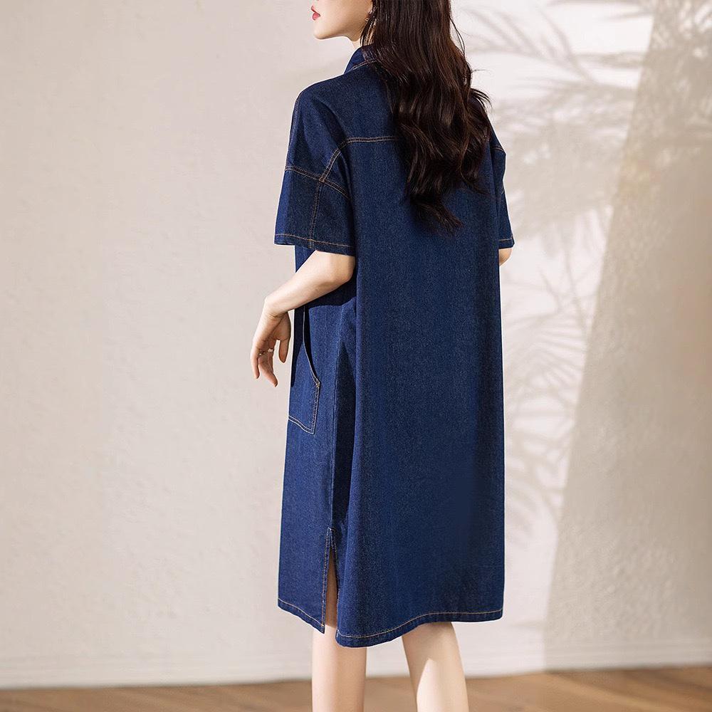 New plus Size Women's Denim Dress Casual Shirt Collar Loose Straight Tube Dress Half Open Cardigan Casual Dress