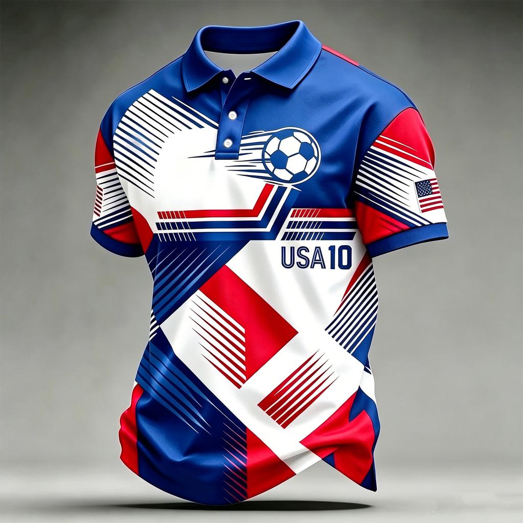 Men’s Casual Polo Shirt with Football Inspired Print and 2026 USA Flag Design Short Sleeve Comfortable Fit