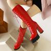 Female Motorcycle Boots Platform Chunky Heel Knee High Med Calf Boots 2024 New Arrivals Platform Chunky Heel Lace Up Red Black