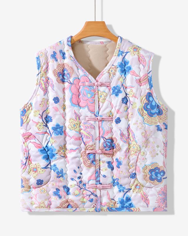 Women's Plus Size Floral Fleece-Lined Cotton Vest - Sleeveless, Thick, Warm Jacket for Middle-Aged and Elderly