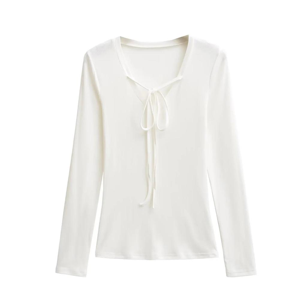 Women's Deep V-Neck Lace-Up Long Sleeve Slim Fit Autumn Top