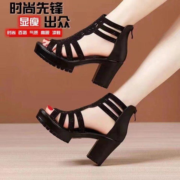 Foreign Trade 2025 Coarse Heel Rhinestones European and American Large Size High Heel Sandals Comfortable Versatile Non-slip Fish Mouth Roman Mom
