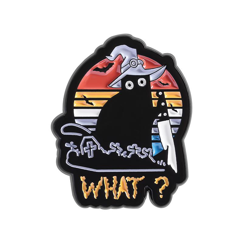 Cute Black Cat Bruh Enamel Pins Witch Cat With Knife Halloween Funny Animal Brooches Lapel Badge Jewelry Gifts for Friends