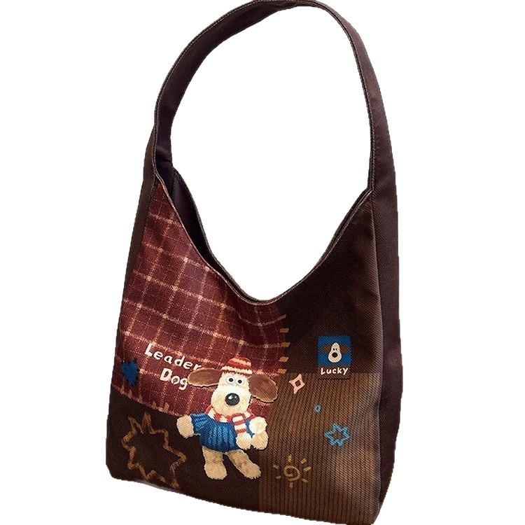 Plaid Canvas Tote Bag: Cute Cartoon Design, Large Capacity, Commuter-Friendly Shoulder Bag for Women