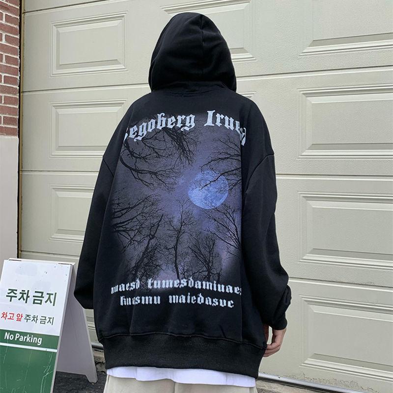 

100% хлопок, китайский модный уличный ретро уличный пейзажный принт, тонкий свитер с капюшоном, свободная универсальная куртка для мужчин XL чёрный