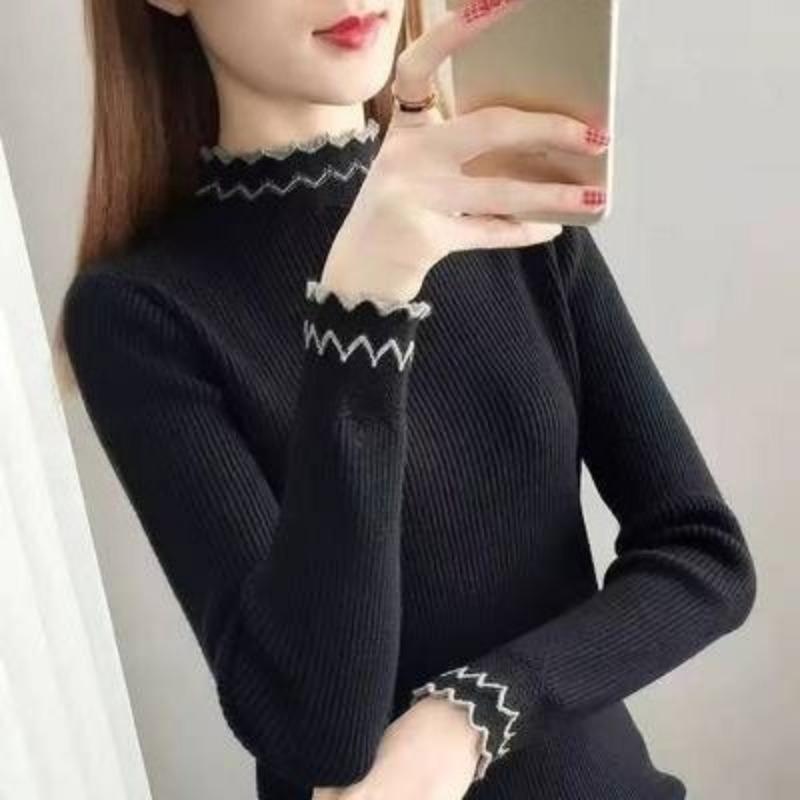 

Осенне-зимний свитер-базовый слой с полувысоким воротом, женский, с длинным рукавом, облегающий, вязаный топ One Size чёрный