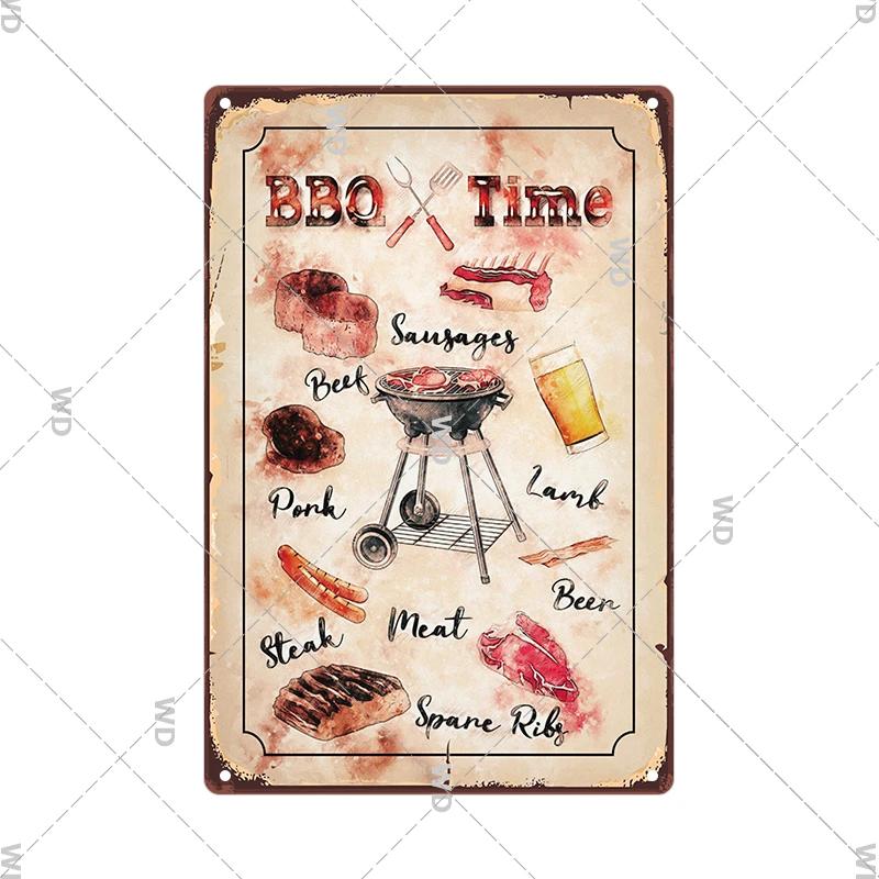 Dad's BBQ Party Metal Tin Plaque Retro Tin Signs Barbecue Rules Slogan Plate Vintage Grill Poster Yard Garden Kitchen Wall Decor