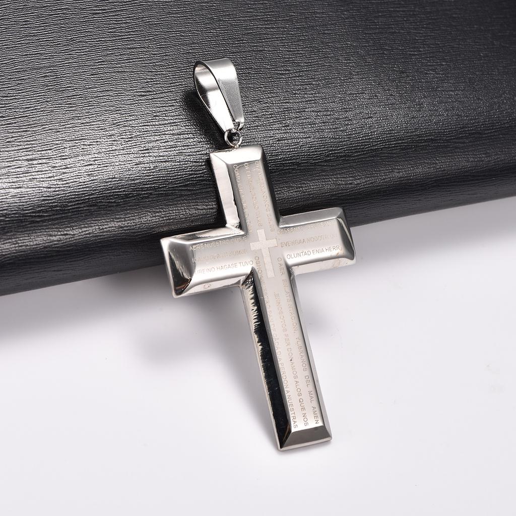 Stainless Steel Chunky Punk Printing Cross Pendant Necklace for Women Men Religious Prayer Faith Charms Chain Metal Jewelry Gift