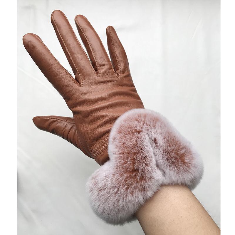 Women Winter Genuine Sheepskin Leather Glove With Rex Rabbit Fur Cuff Warm Winter Female Genuine Leather Gloves Hand Warmer