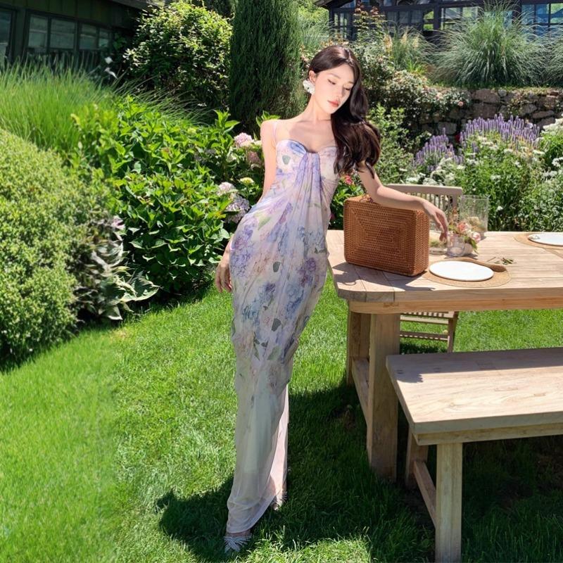 French Suspender Dress Women's Summer Mesh Printing Temperament Shows Thin Long Seaside Vacation Skirt Shows Figure Dress Skirt