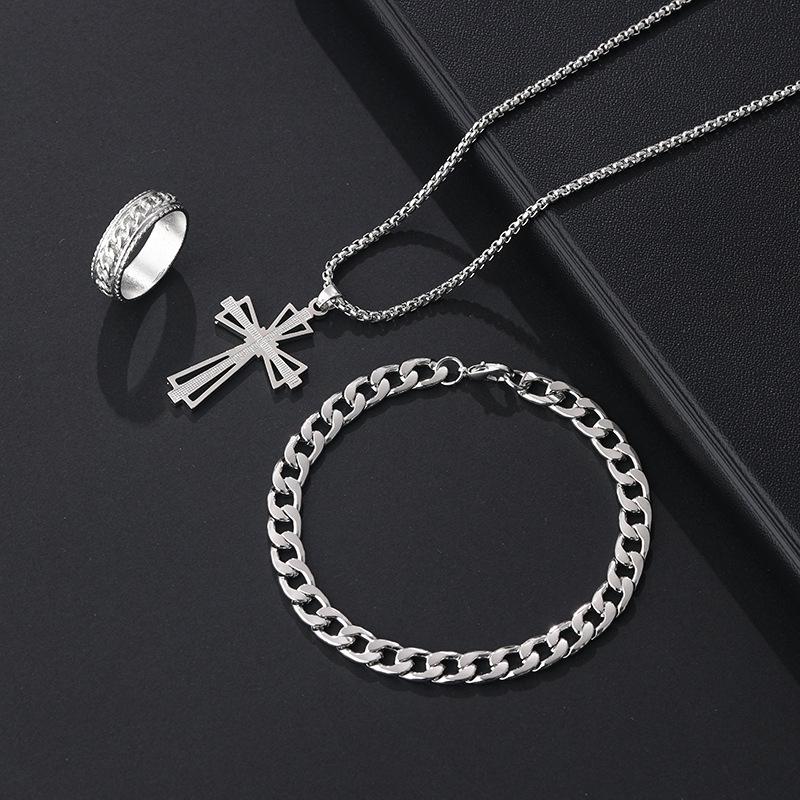 3Pcs Set Men'S Stainless Steel Metal Cross Pendant Chain Necklace Bracelet Ring Jewelry Set Male Hip Hop Daily Wear Accessories