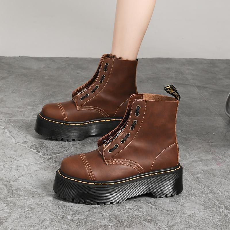 Men's Boots Women's British Boots, Thick Bottom Hole Locomotive Boots Front Zipper Crazy Horse Brown Couple Short Boots Muffin