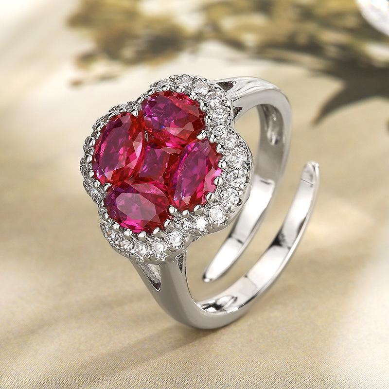 

Accessories Jewelry Set Earrings Necklace Ring Red Corundum Clover Women s Fashion High-end Goods